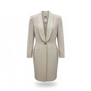 Elegant Women's Cream Long Coat Dress with Embroidered Shawl Collar